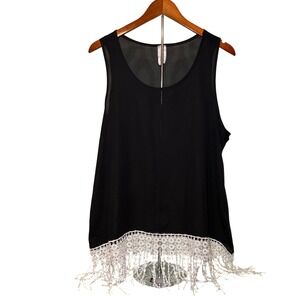 Lilypad Black Womans Size 2XL  Sleeveless Fringe Crochet Lace Trim Tank Top